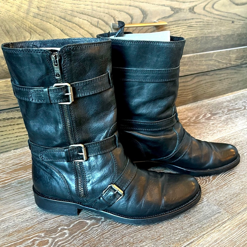 *SOLD* J. CREW Women’s Black Leather Moto Boots Rubber Sole, Buckles, Zippers8.5